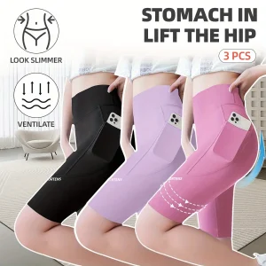 3PC Set Sports Wear Pockets High Waist Yoga Shorts