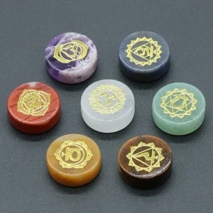 7 Pack Chakra Natural Crystal Beads Colorful Engraved Symbols, Reiki Healing Quartz Set Gift Box